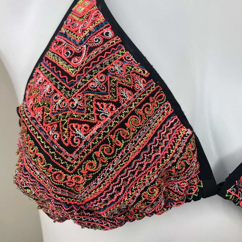 Black Beaded Bikini Top Embroidered Boho Size M